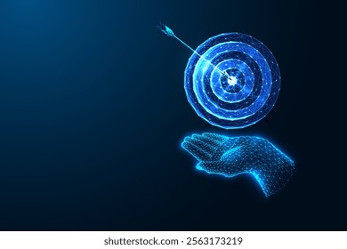 Achievement concept with glowing digital hand holding target hit by arrow on dark blue background. Success, goal setting, precision, focus, business strategy. Futuristic low-poly vector illustration.