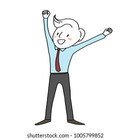 Achievement concept with happy businessman clenching fists, raising arms up celebrating success and victory. Excited and cute man standing and raising arms. Vector illustration with hand-drawn style.