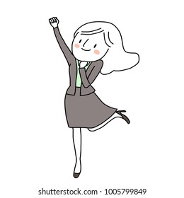 Achievement concept with happy businesswoman clenching fists, raising arm up celebrating success and victory. Excited and cute woman jumping and raising arm. Vector illustration with hand-drawn style.