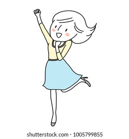 Achievement concept with happy woman clenching her fists, raising her arm up celebrating success and victory. Excited and cute woman jumping and raising arm. Vector illustration with hand-drawn style.