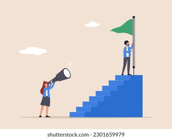 Achievement concept. Journey to reach goal. Growth step to success, visionary to see business opportunity or career path. smart businesswoman looking through telescope for target on top of stairway.