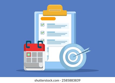 achievement concept. list of goals or future actions on the device screen. arrow right on target and calendar near the smartphone. flat vector illustration on the background.