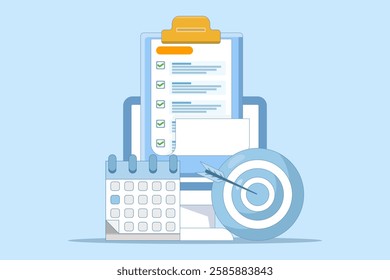 achievement concept. list of goals or future actions on the device screen. arrow right on target and calendar near the smartphone. flat vector illustration on the background.