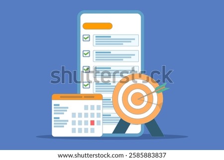 achievement concept. list of goals or future actions on the device screen. arrow right on target and calendar near the smartphone. flat vector illustration on the background.