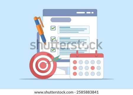 achievement concept. list of goals or future actions on the device screen. arrow right on target and calendar near the smartphone. flat vector illustration on the background.