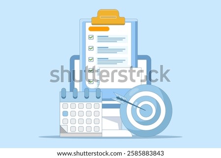 achievement concept. list of goals or future actions on the device screen. arrow right on target and calendar near the smartphone. flat vector illustration on the background.