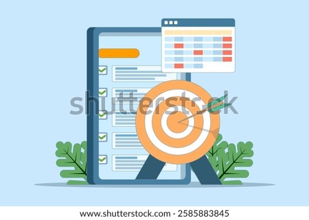 achievement concept. list of goals or future actions on the device screen. arrow right on target and calendar near the smartphone. flat vector illustration on the background.