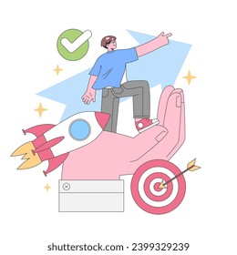 Achievement concept. Man atop a rocket pointing forward, signifying direction and growth, surrounded by stars and a target hit perfectly. Ambition, goal reached. Flat vector illustration.