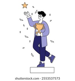 Achievement concept. A proud businessman stands on a podium, reaching for a star while holding a trophy, symbolizing success. Confetti celebrates the victory. Vector illustration.