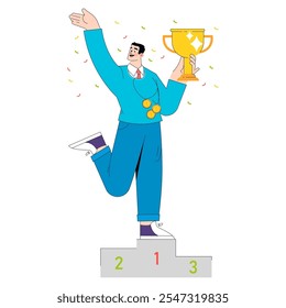 Conceito de realização. Empresário triunfante parado no pódio do vencedor, segurando um troféu. Celebração do sucesso e da vitória na carreira. Ilustração vetorial.