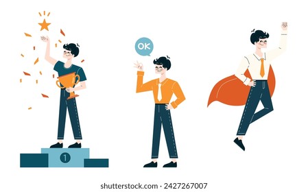 Achievement and Confidence set. A person celebrating a win with a trophy, showing a positive gesture, and wearing a superhero cape. Success in personal and professional growth. Flat vector