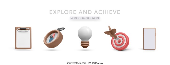Achievement and Exploration Icons Featuring Compass, Light Bulb, Target, Smartphone, and Clipboard in Modern 3D Look. Ideal for Planning, Navigation, Goals. Vector Illustration.