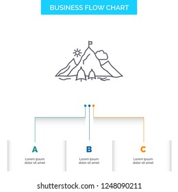achievement, flag, mission, mountain, success Business Flow Chart Design with 3 Steps. Line Icon For Presentation Background Template Place for text