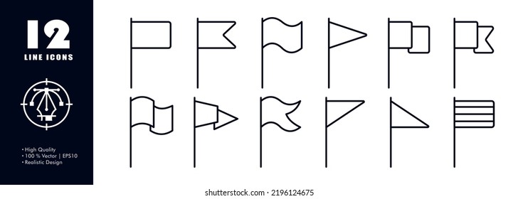 Indicadores de logro conjunto icono. Carrera, cima, logro, objetivo, primer lugar, planificación, realización de tareas, ondear bandera, triangular, rectangular, ganar, premio. Concepto de negocio. Icono de línea de vector para publicidad.
