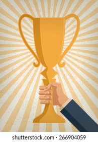 Achievement. Flat design modern vector illustration concept of business hand holding trophy cup for goal achievement.
