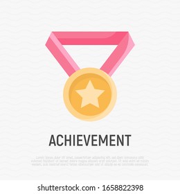 Achievement flat icon. Medal with star. Prize, award, first place, championship. Modern vector illustration.