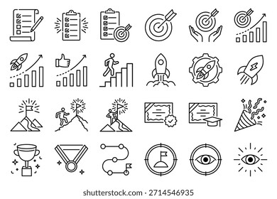 Paquete de iconos de Vector de logros y líneas de meta, que simboliza el progreso, el éxito, el crecimiento y la motivación. Incluye objetivos, listas de comprobación, trofeos, hitos y conceptos de rendimiento para el negocio y la productividad