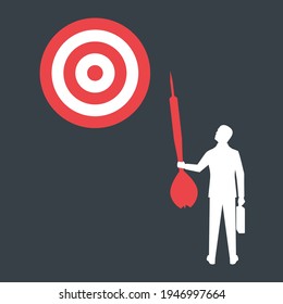 Achievement of goal. Purpose business concept. Purposeful businessman with spear in hand looks at target. Vector illustration flat design. Aspirational people. Challenge achieve aim.