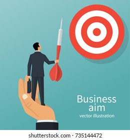Achievement of goal. Purpose business concept. Purposeful businessman with spear in hand looks at target. Vector illustration flat design. Aspirational people. Challenge achieve aim.