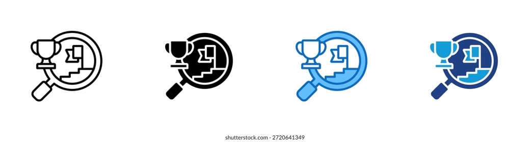 Achievement Goals Multiple Style Icon Design Vector - magnifying glass viewing a trophy and stairs, symbolizing success and progress through goal setting