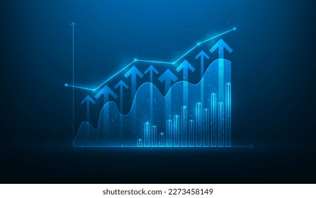 crecimiento de flecha de gráfico de logros y tecnología de desarrollo. inversión en bolsa de valores de fondo azul oscuro. ilustración vectorial fantástica digital de alta tecnología.