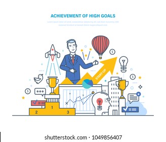 Achievement of high goals. Financial and career growth, success in business. Leadership, growth in work, entrepreneurial success, start-up. Strategic planning success. Illustration thin line design.