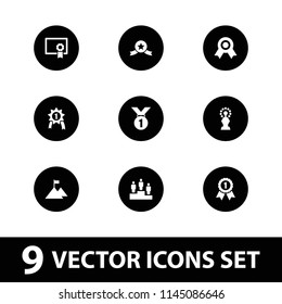 Achievement icon. collection of 9 achievement filled icons such as ranking, diploma, trophy, flag on mountain, number 1 medal. editable achievement icons for web and mobile.