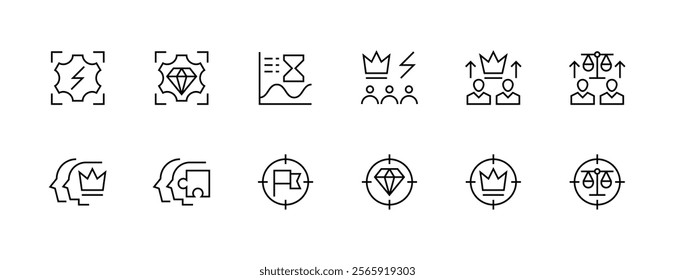 Achievement icon collection. Core values icon set. Experience, productivity, efficiency, success, creativity, excellence, consistency and more. Editable stroke. Pixel Perfect. Grid base 32px.