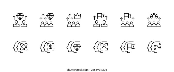 Achievement icon collection. Core values icon set. Experience, productivity, efficiency, success, creativity, excellence, consistency and more. Editable stroke. Pixel Perfect. Grid base 32px.