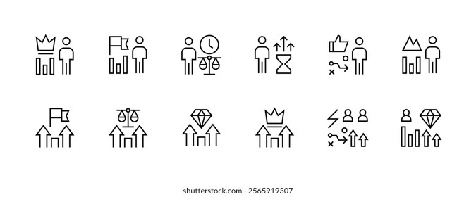 Achievement icon collection. Core values icon set. Experience, productivity, efficiency, success, creativity, excellence, consistency and more. Editable stroke. Pixel Perfect. Grid base 32px.