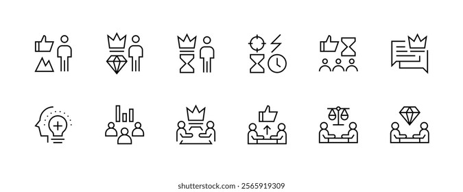 Achievement icon collection. Core values icon set. Experience, productivity, efficiency, success, creativity, excellence, consistency and more. Editable stroke. Pixel Perfect. Grid base 32px.