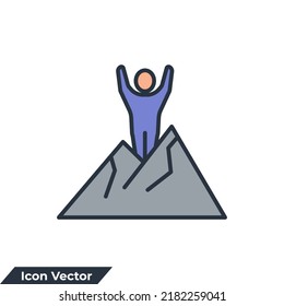 achievement icon logo vector illustration. Man standing on the top of Mountain symbol template for graphic and web design collection