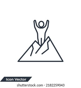 achievement icon logo vector illustration. Man standing on the top of Mountain symbol template for graphic and web design collection