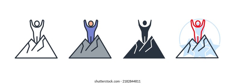 achievement icon logo vector illustration. Man standing on the top of Mountain symbol template for graphic and web design collection