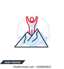 ilustración vectorial del icono de logro. Hombre parado en la parte superior de la plantilla de símbolos de la montaña para la colección de diseño gráfico y web