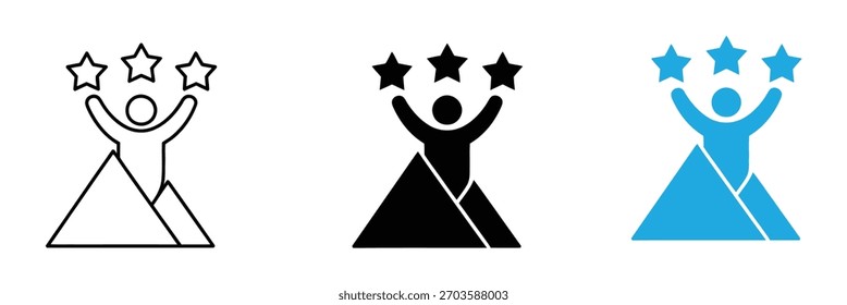 achievement icon logo vector illustration. Man standing on the top of Mountain symbol template for graphic and web design collection