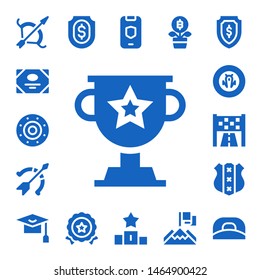achievement icon set. 17 filled achievement icons.  Simple modern icons about  - Archery, Certificate, Shield, Trophy, Goal, Mortarboard, Medal, Podium, Growth, Achievement, Cap