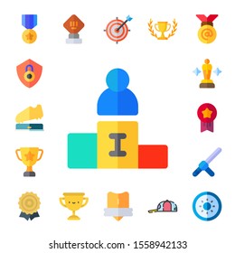 achievement icon set. 17 flat achievement icons.  Collection Of - medal, shield, trophy, career promotion, award, medals, baton, certificate, goal, winner, cap icons