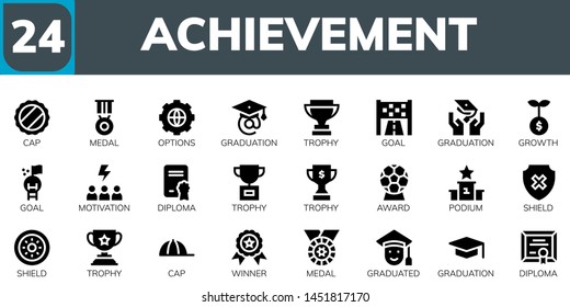 achievement icon set. 24 filled achievement icons.  Simple modern icons about  - Cap, Medal, Options, Graduation, Trophy, Goal, Growth, Motivation, Diploma, Award, Podium, Shield
