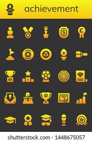 achievement icon set. 26 filled achievement icons.  Collection Of - Award, Growth, Medal, Badge, Shield, Prize, Goal, Torch, Competition, Trophy, Podium, Dart board, Certificate