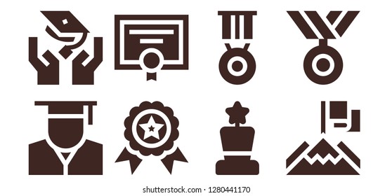  achievement icon set. 8 filled achievement icons. Simple modern icons about  - Graduate, Graduation, Winner, Diploma, Award, Medal, Achievement