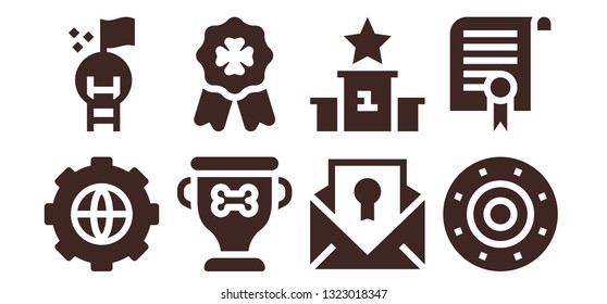 achievement icon set. 8 filled achievement icons.  Simple modern icons about  - Options, Goal, Trophy, Badge, Certificate, Podium, Shield