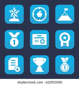 Achievement icon. set of 9 filled achievement icons such as medal, trophy, apple target, star trophy, flag on mountain