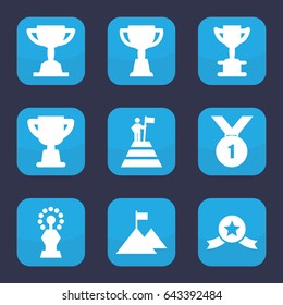 Achievement icon. set of 9 filled achievement icons such as trophy, man at the top of the mountain with flag, flag on mountain, number 1 medal