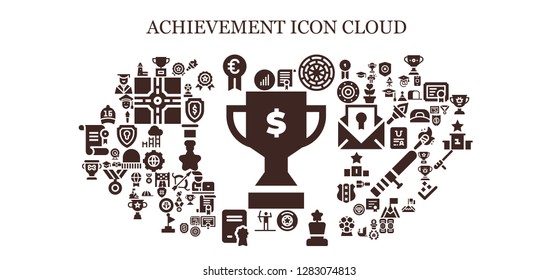  achievement icon set. 93 filled achievement icons. Simple modern icons about  - Trophy, Bars graphics, Prize, Certificate, Dart board, Badge, Award, Archery, Diploma, Cap, Medal