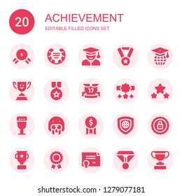 achievement icon set. Collection of 20 filled achievement icons included Medal, Laurel, Student, Graduation, Trophy, Ribbons, Reward, Award, Goblet, Seal, Shield, Certification