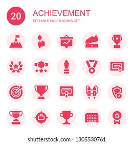 achievement icon set. Collection of 20 filled achievement icons included Goal, Torch, Growth, Trophy, Laurel, Reward, Award, Medal, Diploma, Dart board, Certificate, Jet pack