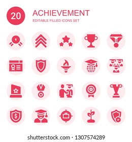 achievement icon set. Collection of 20 filled achievement icons included Medal, Rank, Award, Trophy, Certificate, Shield, Torch, Graduation, Proud, Student, Goal, Growth