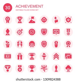 achievement icon set. Collection of 30 filled achievement icons included Prize, Trophy, Goal, Torch, Award, Success, Shield, Certificate, Growth, Jet pack, Seal, Diploma, Grip