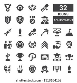 achievement icon set. Collection of 32 filled achievement icons included Award, Goal, Paw ribbon, Shield, Victory, Jet pack, Reward, Graduation, Diploma, Path, Trophy, Growth